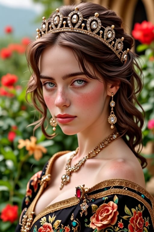 (Fine, 4k, 8k, HD, Masterpiece: 1.2), Super Detailed, Realistic, Lady, Medieval Style, Gorgeous Style, Princess Style, Gemstone Jewelry, Aristocratic Style, Full Body Shot: 1.5, Normal Shot: 1.5, Gothic Style, Shy expression, brown curly hair, colorful, garden scenery, high color flower background, studio lighting, FLUX_QTNimE_2, NiJi_2_FLUX, REALNIME