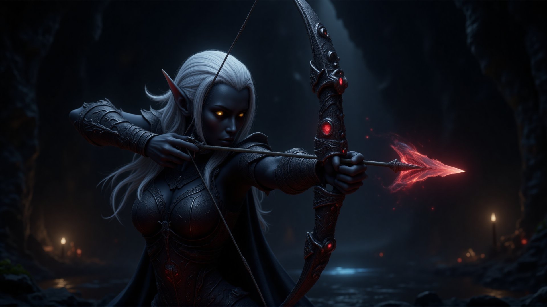 1girl, High detailed, masterpiece, best quality, 8K, highres, ultra-detailed, drowranger, most beautiful drow ranger, 3/4 closeup portrait proflle, perfect hands, perfect grip, anatomically correct, pointy ears, art by wlop, bow and arrow archer, blue arcana, sleek black skin, yellow eyes, stark white hair, wind in hair, light armor, shoulder plates, cape, DonMM4g1cFX, magnificent dynamic pose shooting in the dark, surrounded by aura of darkness. intricate obsidian encrusted ebony detailed bow with glowing red runes, red runic pulsing arrow head infused with flame and fire energy in a vortex concentrating into the arrow tip. dimly lit HDRI background setting torchlit, cavernous under dark world with bioluminescent mushrooms and glowing watery pool.