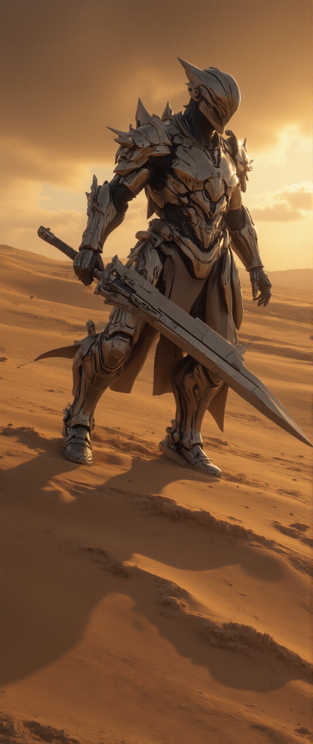 ```
a futuristic knight in sleek silver armor, standing in a vast space desert with golden sand dunes. The knight holds a long, metallic sword, with a rifle attached to their armor, ready for battle. The sunset casts a warm glow across the scene, highlighting the reflective surfaces of the armor and creating long shadows in the sand. The sky is filled with deep space nebulae, adding depth and tranquility to the harsh desert environment, contrasting with the knight's formidable and advanced appearance.
```