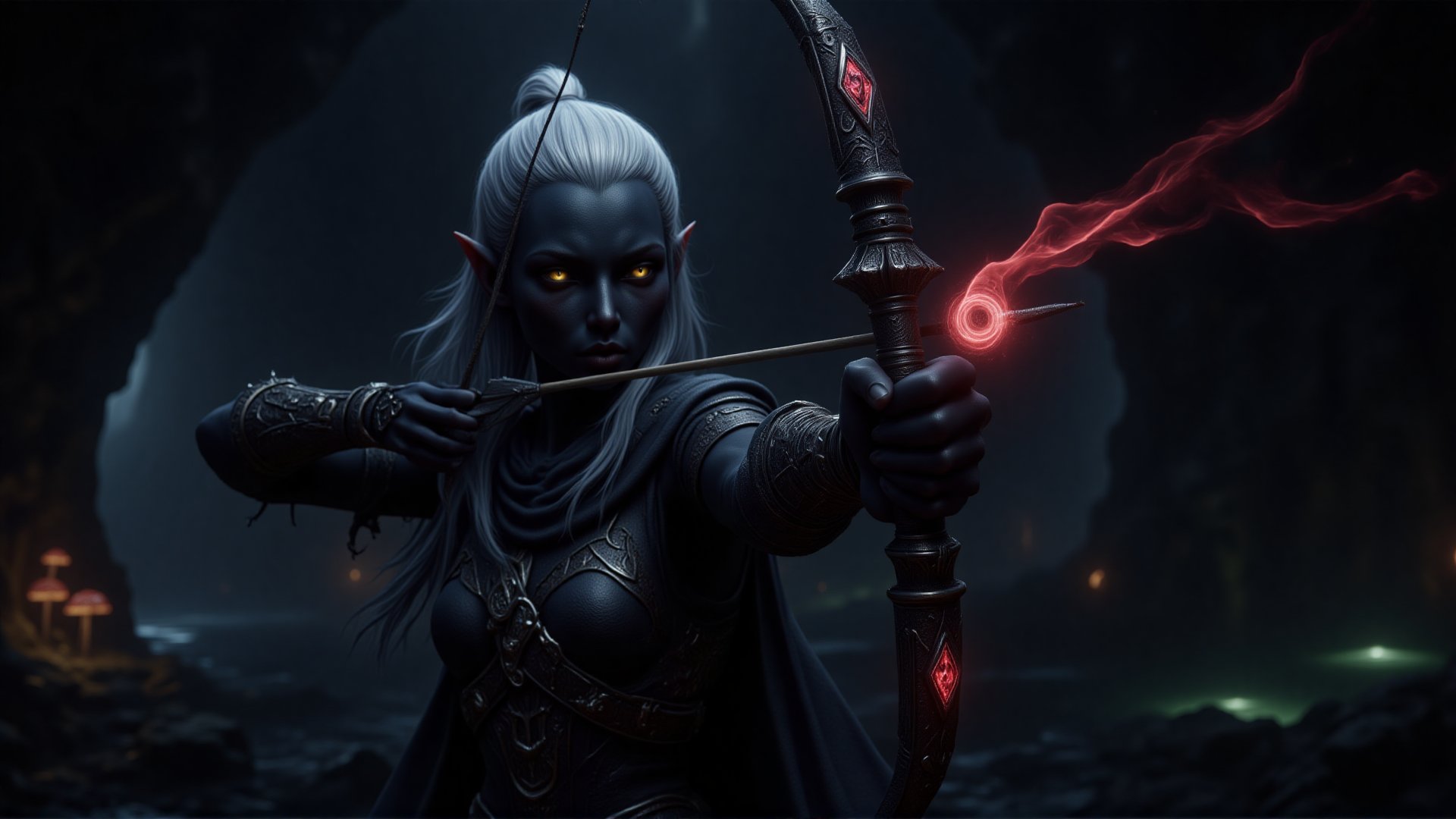 1girl, High detailed, masterpiece, best quality, 8K, highres, ultra-detailed, drowranger, most beautiful drow ranger, 3/4 closeup portrait proflle, perfect hands, perfect grip, anatomically correct, pointy ears, art by wlop, bow and arrow archer, blue arcana, sleek black skin, yellow eyes, stark white hair, wind in hair, light armor, shoulder plates, cape, DonMM4g1cFX, magnificent dynamic pose shooting in the dark, surrounded by aura of darkness. intricate obsidian encrusted ebony detailed bow with glowing red runes, red runic pulsing arrow head infused with flame and fire energy in a vortex concentrating into the arrow tip. dimly lit HDRI background setting torchlit, cavernous under dark world with bioluminescent mushrooms and glowing watery pool.