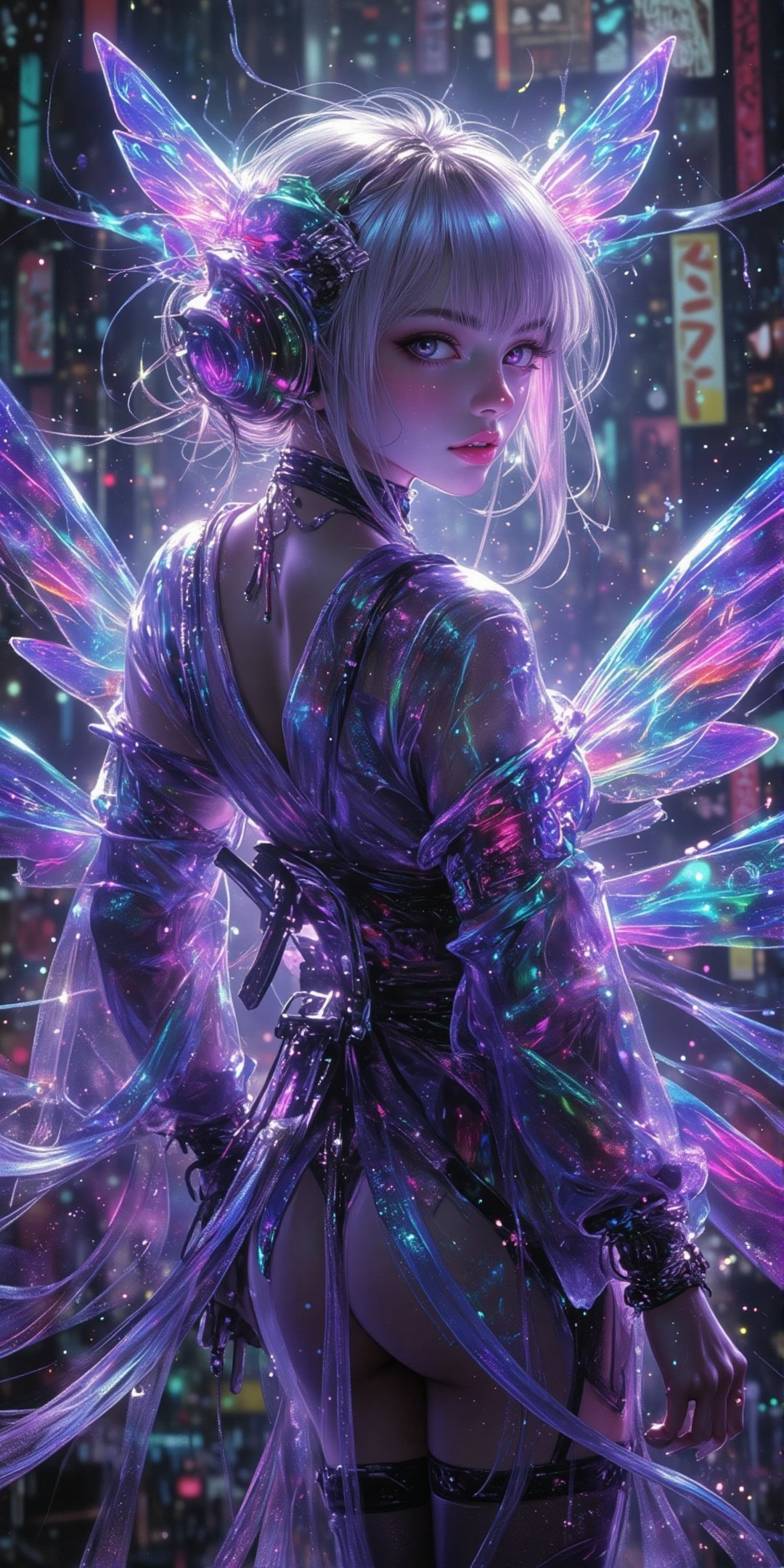 (by Carne Griffiths, Conrad Roset), Cyborg Mechanical Fairy, android, mechanical, mechanical parts, mechanical joints, solo, Lilac energy flaming wings, FairyWings Lights of XingXing, floating flying above a cyberpunk city, 3/4 rear profile posture, head turning back looking at viewer, long platinum hair with pink ends and teal hair highlight, bangs, futuristic jewelry, Japanese see-through translucent clothing, glowing Halo, see-through translucent kimono, android body build, intricate necklace, cyberpunk, smoke, futuristic cyberpunk cybernetic kimono, grimdark manga, dark seinen anime, anime, transparent kimono, cyberpunk style