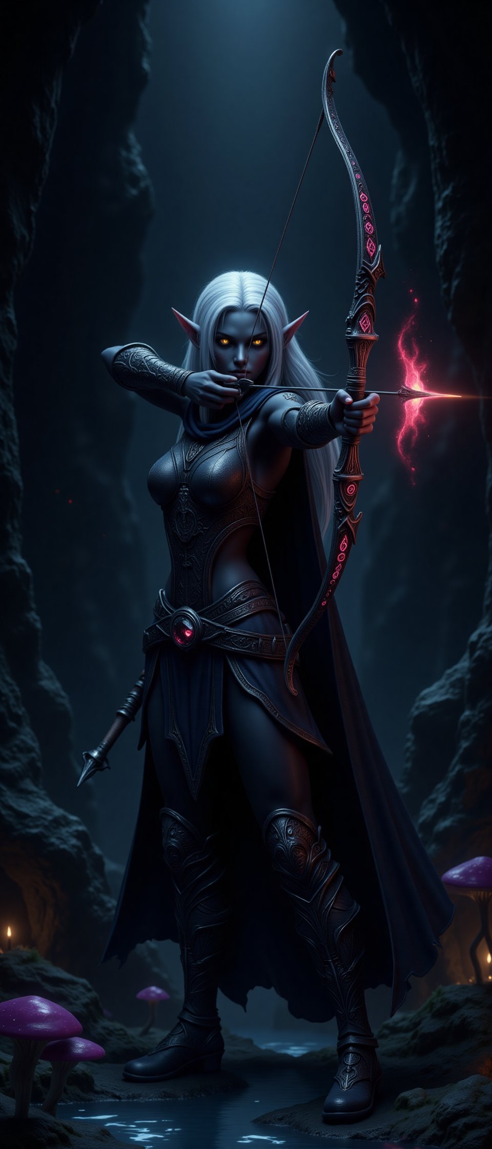 1girl, High detailed, masterpiece, best quality, 8K, highres, ultra-detailed, drowranger, most beautiful drow ranger, 3/4 closeup proflle, perfect hands, perfect grip, anatomically correct, pointy ears, art by wlop, bow and arrow archer, blue arcana, sleek black skin, yellow eyes, stark white hair, wind in hair, light armor, shoulder plates, cape, DonMM4g1cFX, magnificent pose shooting in the dark, surrounded by aura of darkness. intricate obsidian encrusted ebony detailed bow with glowing red runes, red runic pulsing arrow head infused with flame and fire energy in a vortex concentrating into the arrow tip. dimly lit HDRI background setting torchlit, cavernous under dark world with bioluminescent mushrooms and glowing watery pool.