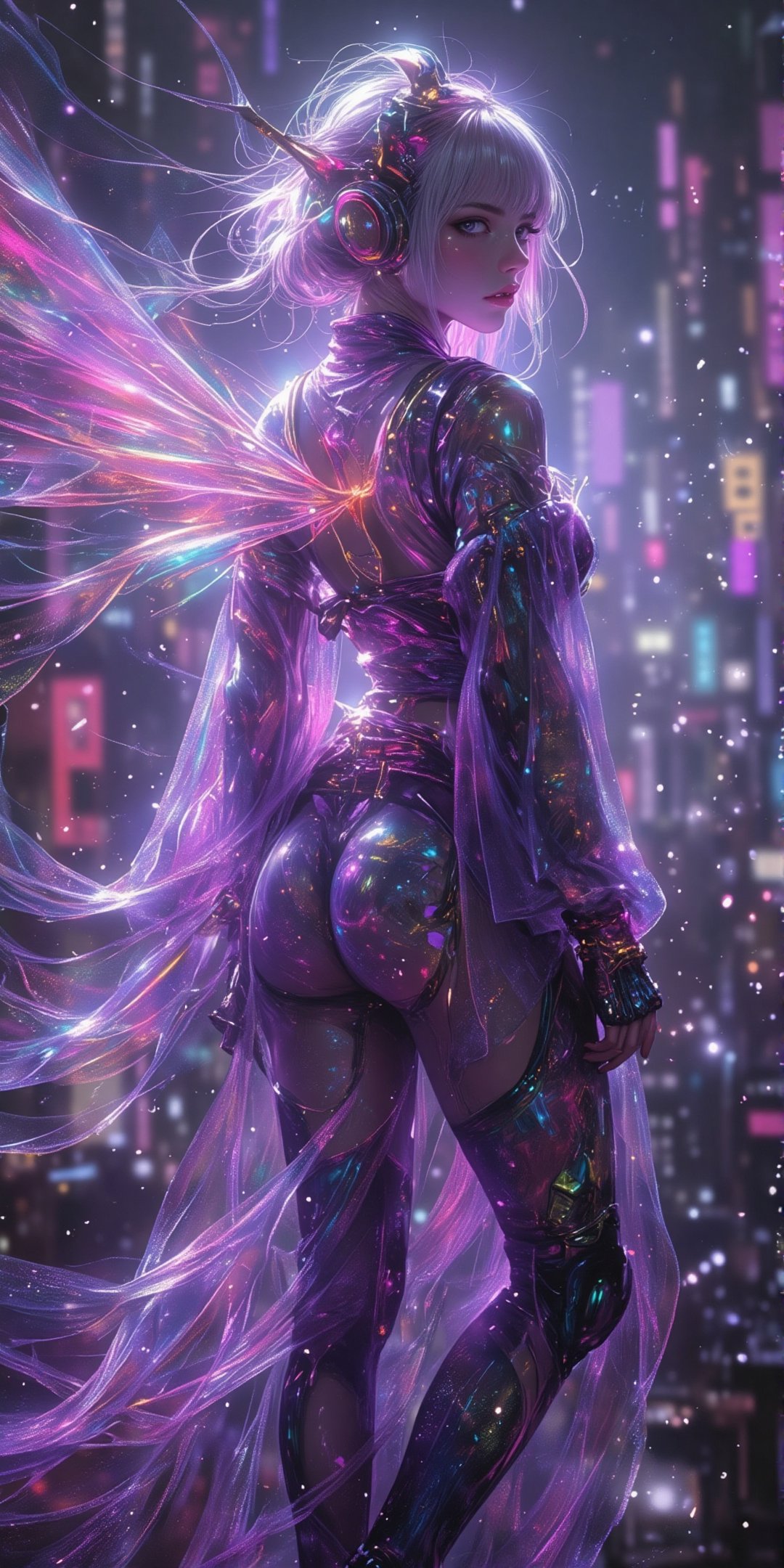 (by Carne Griffiths, Conrad Roset), Cyborg Mechanical Fairy, android, mechanical, mechanical parts, mechanical joints, solo, Lilac energy flaming wings growing from her back, FairyWings Lights of XingXing, floating flying above a cyberpunk city, 3/4 rear profile posture, head turning back looking at viewer, long platinum hair with pink ends and teal hair highlight, bangs, futuristic jewelry, Japanese futuristic shimmering clothing, glowing Halo, iridescent plastic kimono, android body build, intricate necklace, cyberpunk, smoke, futuristic cyberpunk cybernetic kimono, grimdark manga, dark seinen anime, anime, crystalline kimono, cyberpunk style