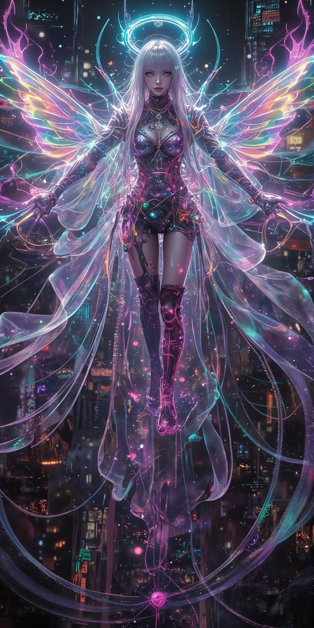 (by Carne Griffiths, Conrad Roset), Cyborg Mechanical Fairy, android, mechanical, mechanical parts, mechanical joints, solo, Lilac energy flaming wings, FairyWings Lights of XingXing, floating flying above a cyberpunk city, looking at viewer, long platinum hair with pink ends and teal hair highlight, bangs, , futuristic jewelry, Japanese see-through translucent clothing, glowing Halo, see-through translucent kimono, android body build, intricate necklace, cyberpunk, smoke, futuristic cyberpunk cybernetic kimono, grimdark manga, dark seinen anime, anime, transparent kimono, cyberpunk style