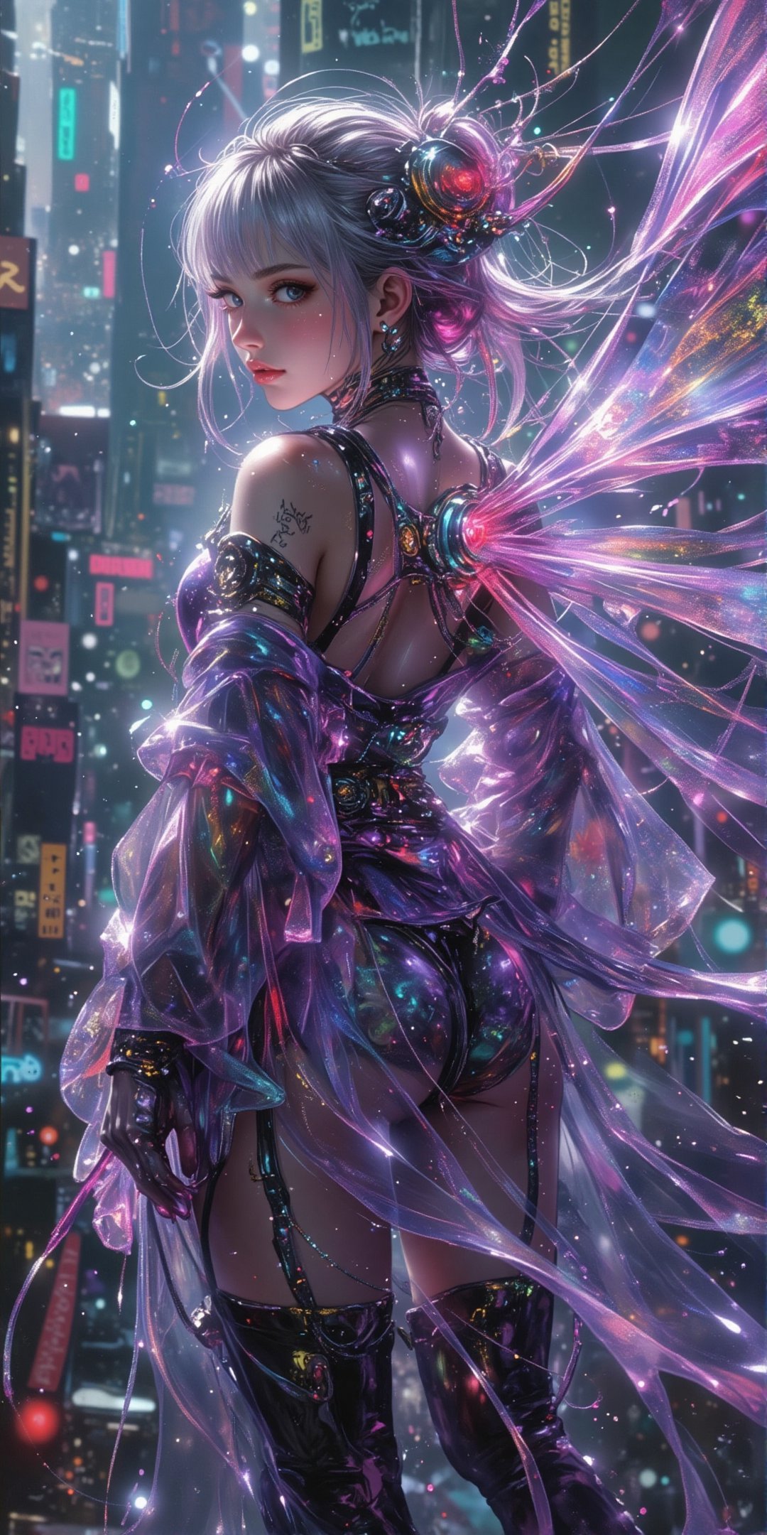 (by Carne Griffiths, Conrad Roset), Cyborg Mechanical Fairy, android, mechanical, mechanical parts, mechanical joints, solo, Lilac energy flaming wings growing from her back, FairyWings Lights of XingXing, floating flying above a cyberpunk city, 3/4 rear profile posture, head turning back looking at viewer, long platinum hair with pink ends and teal hair highlight, bangs, futuristic jewelry, Japanese futuristic shimmering clothing, glowing Halo, iridescent plastic kimono, android body build, intricate necklace, cyberpunk, smoke, futuristic cyberpunk cybernetic kimono, grimdark manga, dark seinen anime, anime, crystalline kimono, cyberpunk style