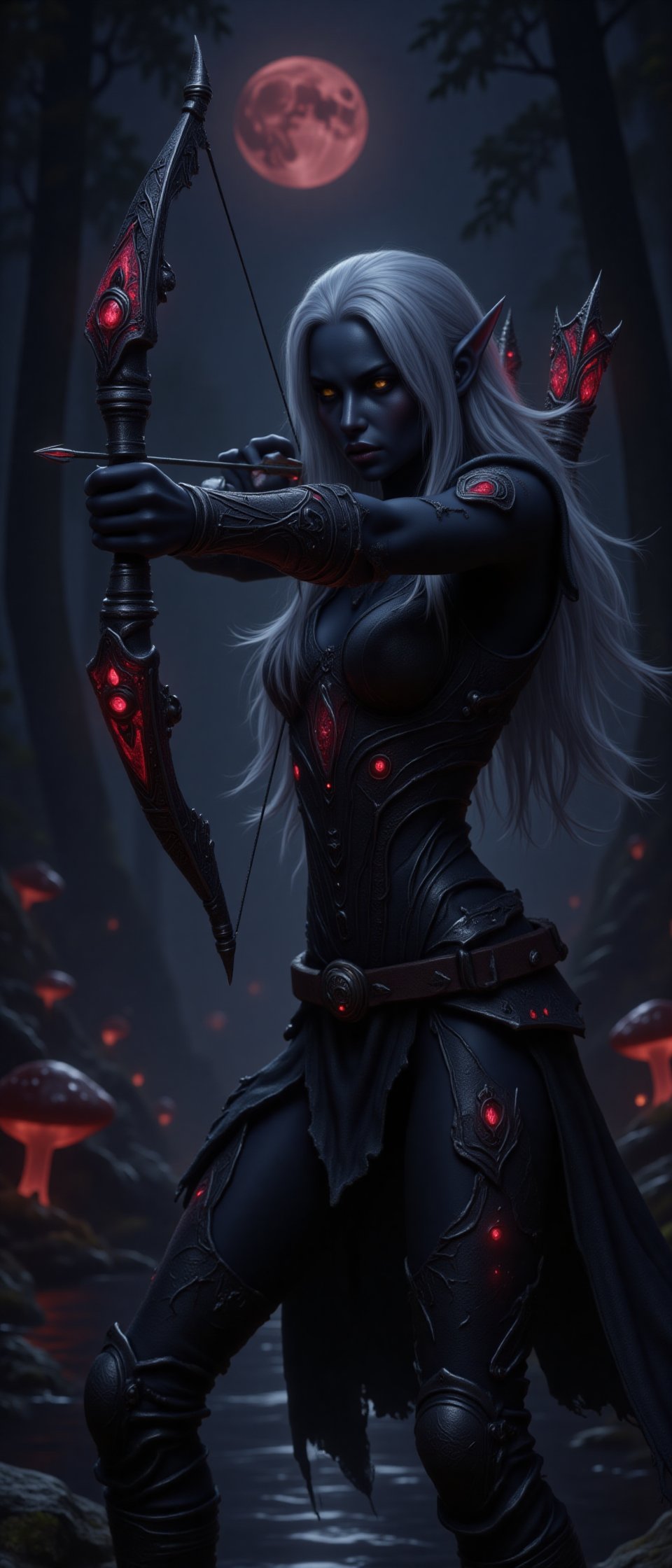 1girl, High detailed, masterpiece, best quality, 8K, highres, ultra-detailed, drowranger, most beautiful drow ranger, 3/4 closeup portrait proflle, perfect hands, perfect grip, anatomically correct, pointy ears, art by wlop, bow and arrow archer, blue arcana, sleek black skin, yellow eyes, stark white hair, wind in hair, light armor, shoulder plates, cape, DonMM4g1cFX, magnificent dynamic pose shooting in the dark, surrounded by aura of darkness. intricate obsidian encrusted ebony detailed bow with glowing red runes, red runic pulsing arrow head infused with flame and fire energy in a vortex concentrating into the arrow tip. dimly lit HDRI background setting moonlit red full moon, dark forest with bioluminescent mushrooms and glowing reflective watery lake.