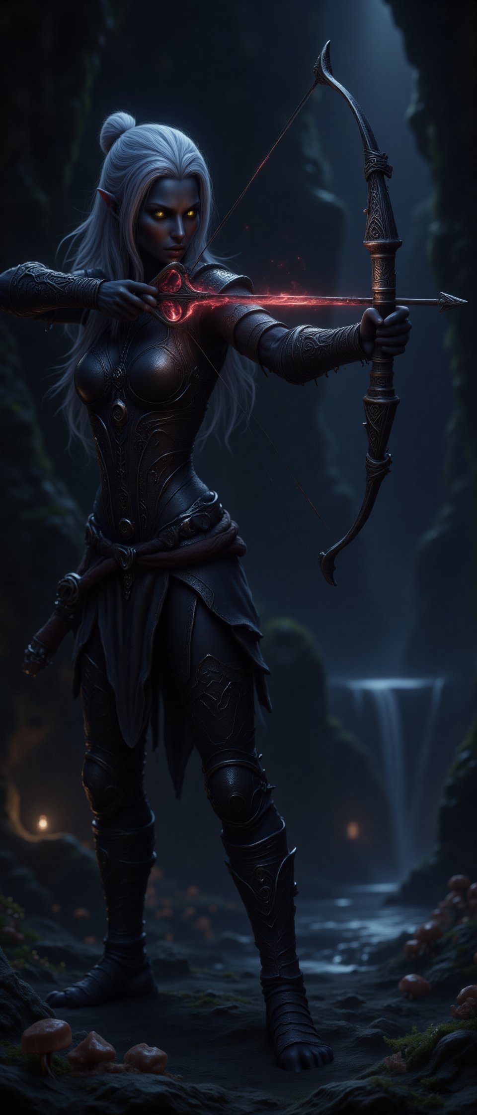 1girl, High detailed, masterpiece, best quality, 8K, highres, ultra-detailed, drowranger, most beautiful drow ranger, 3/4 closeup portrait proflle, perfect hands, perfect grip, anatomically correct, pointy ears, art by wlop, bow and arrow archer, blue arcana, sleek black skin, yellow eyes, stark white hair, wind in hair, light armor, shoulder plates, cape, DonMM4g1cFX, magnificent pose shooting in the dark, surrounded by aura of darkness. intricate obsidian encrusted ebony detailed bow with glowing red runes, red runic pulsing arrow head infused with flame and fire energy in a vortex concentrating into the arrow tip. dimly lit HDRI background setting torchlit, cavernous under dark world with bioluminescent mushrooms and glowing watery pool.