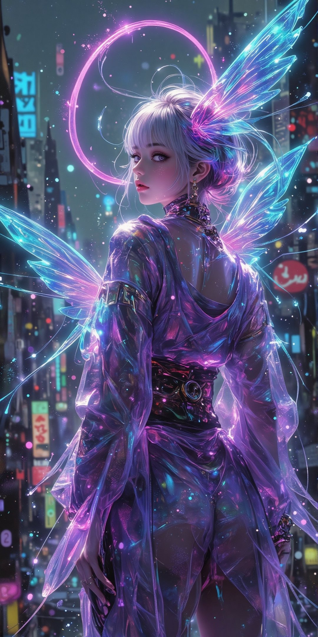 (by Carne Griffiths, Conrad Roset), Cyborg Mechanical Fairy, android, mechanical, mechanical parts, mechanical joints, solo, Lilac energy flaming wings, FairyWings Lights of XingXing, floating flying above a cyberpunk city, 3/4 rear profile posture, head turning back looking at viewer, long platinum hair with pink ends and teal hair highlight, bangs, futuristic jewelry, Japanese see-through translucent clothing, glowing Halo, see-through translucent kimono, android body build, intricate necklace, cyberpunk, smoke, futuristic cyberpunk cybernetic kimono, grimdark manga, dark seinen anime, anime, transparent kimono, cyberpunk style