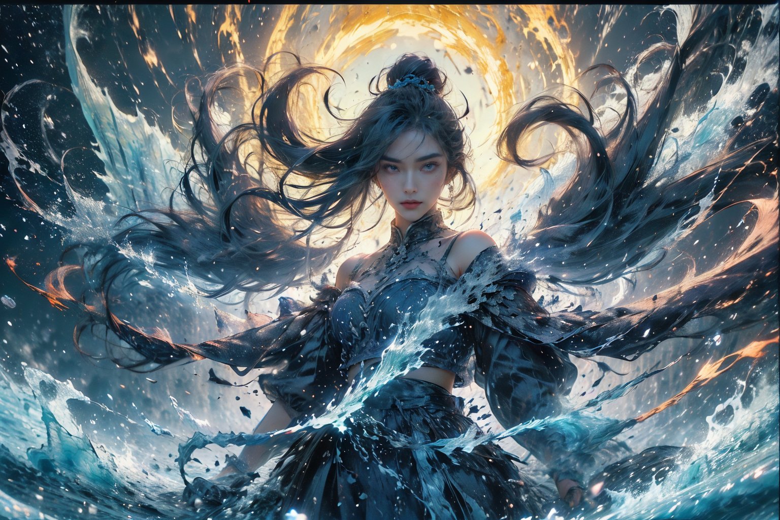 hyper realistic,hyper real,1girl,Chinese girl, fiercely lunges towards her enemy, star in eye, blush, perfect illumination, Aquamarine hair styled as long hair, bright blue hair, wearing icy crystal headband around the head, star jewel earing, Lapis Lazuli Blue eyes,  dressed in outfit with Lapis Lazuli divine decolletage celestial silvery warrior outer open dress, exposed midriff, off shoulder deep neckline, beautiful icey wings, spraying ice crystal flakes in all directions, Gorgeous, ethereal aura, ray tracing, sidelighting, detailed face, bangs, bright skin, dreamlike atmosphere, starry nebula background, Sharp glossy focus, equirectangular 360, Highres 8k, extreme detailed, aesthetic, masterpiece, best quality, rich texture, kinetic move effect, colorful,Movie Still,solo,r1ge,haifeisi