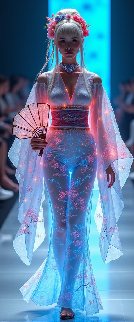 A futuristic fashion runway concept with a beautiful Caucasian woman in the center. She is wearing a traditional Japanese kimono witha futuristic twist. The kimono is made of translucent, glowing fabric and features wide, flowing sleeves, an elegantly tied obi sash, and a floor-length skirt. The garment is intricately embedded with LED patterns that showcase traditional Japanese motifs such as cherry blossoms, waves, cranes, and bamboo. The dress also has an ethereal, complex asymmetric blue pattern that glows and projects across the entire outfit. She has platinum blonde hair styled with straight bangs and an intricate braided hairstyle featuring a diamond pattern and multiple small braids. She is adorned with a large, gorgeous choker, and a floral headdress featuring an abundance of flowers in various colors. In her hand, she holds a traditional Japanese fan,kimonoFT,noc-futuristic,Mecha
t.,ct-chasartre,ct-bustyy2,ct-kbright,ct-chainb,ct-biskitity,ct-rosity,ct-smeraldity,ct-hyuntity,ct-leetity,ct-arix,ct-savaga,ct-muun,ct-vituajis,ct-identityV2