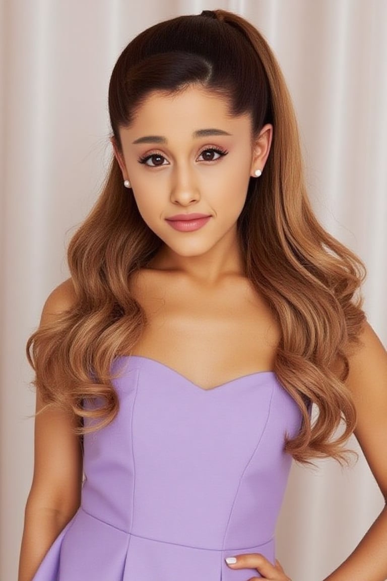 Ariana Grande, arianagrande, model, brunette hair, brown eyes, hair in half up half down ponytail with honey blonde dyed tips. curly. makeup. dimples. wearing spaghetti strap, lavender colored flared tank, with mini ribbon bow, Photoshoot. ideal proportions. perfect anatomy. high quality. perfect quality. 