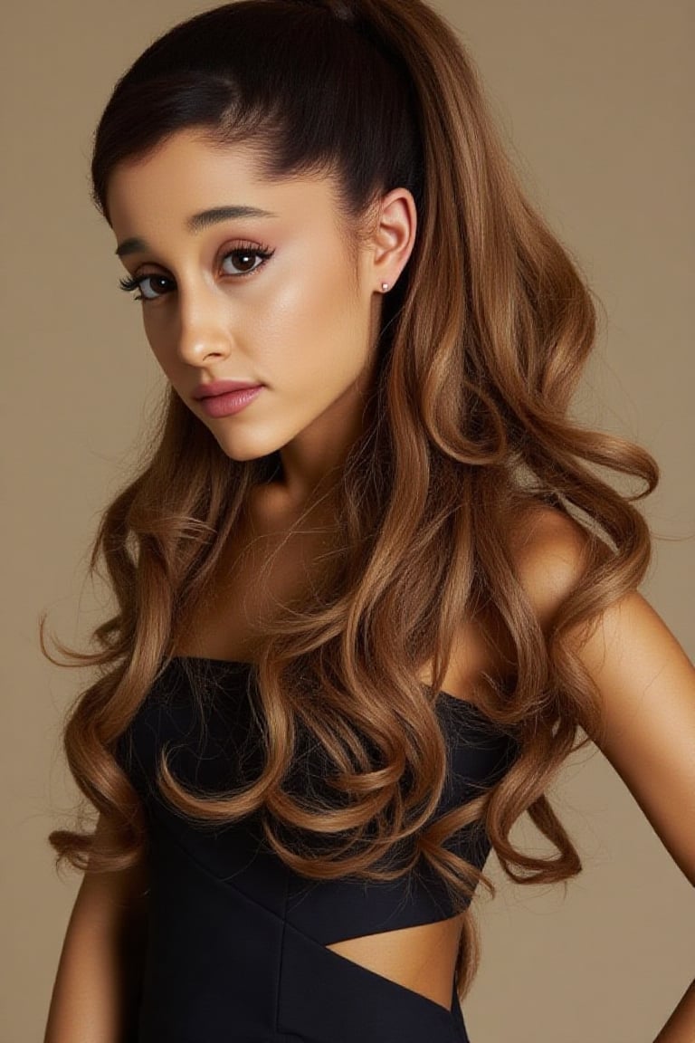 Ariana Grande, arianagrande, model, brunette hair, brown eyes, hair in half up half down ponytail with honey blonde dyed tips. curly. makeup. dimples. wearing black mini dress, sexy. Photoshoot. ideal proportions. perfect anatomy. high quality. perfect quality. showing off sexy legs 