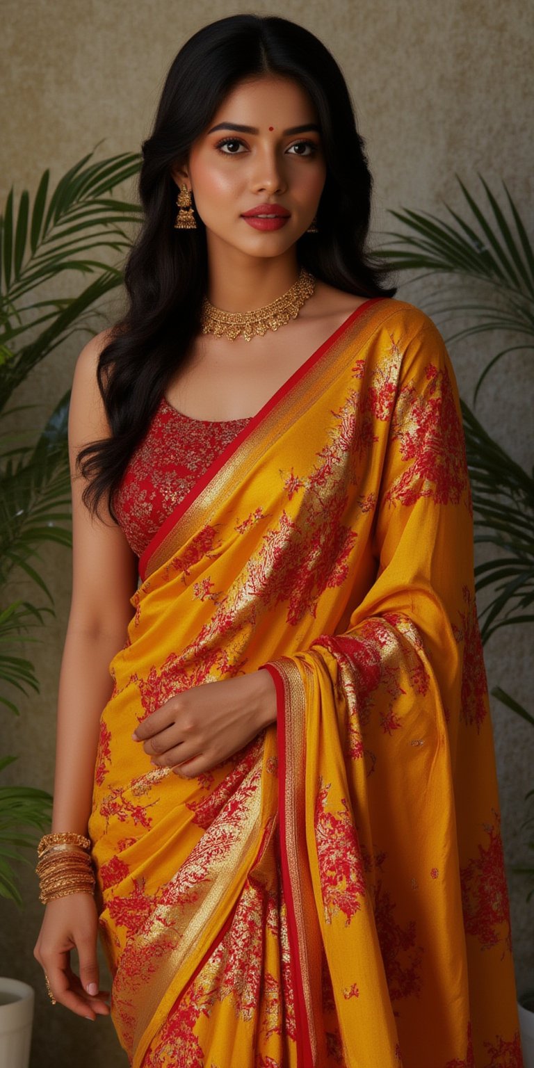 A hyperrealistic, close-up portrait of a beautiful Indian woman with long, wavy black hair and blunt bangs. She has striking brown almond-shaped eyes, framed by thick lashes, and radiant, flawless skin. Dressed in a mustard-yellow silk saree with intricate gold embroidery, paired with a rich red blouse with subtle textures, she stands confidently in a poised fashion model stance. She wears delicate gold jewelry and a traditional red bindi. The lighting is soft and natural, casting a warm glow and subtle shadows, enhancing her elegant attire. Shot in 8K, every detail is rendered with stunning clarity and depth.", "n": 1 award-winning photograph, by Boris Vallejo, Raphael, Caravaggio, Greg Rutkowski, Beeple,
Beksinski, sun ray tracing, 8k, dslr, soft lighting, high quality, film grain, Fujifilm XT3 --ar 2:3

Negative Prompt: (long neck:2), (ugly face:0.8), cross-eyed, (worst quality:2), (low quality:2), (normal quality:2), lowres, normal quality, bad anatomy, tilted head, lowres, bad anatomy, bad hands, text, error, missing fingers, extra digit, fewer digits, missing fingers, missing arms, missing legs, extra digit, extra arms, low details, oversaturated, undersaturated, overexposed, underexposed, grayscale, bw, bad photo, bad photography, bad art:1.4), (watermark, signature, text font, username, error, logo, words, letters, digits, autograph, trademark