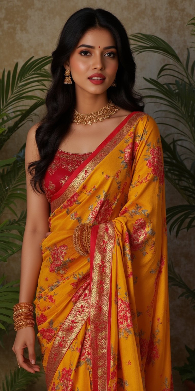 A hyperrealistic, close-up portrait of a beautiful Indian woman with long, wavy black hair. The lady looks into the camera with a slightly open mouth and wears an Indian-style jeweled choker that hides her neck. She has striking brown almond-shaped eyes, framed by thick lashes, and radiant, flawless skin. Dressed in a mustard-yellow silk saree with intricate gold embroidery, paired with a rich red blouse, she stands confidently in a poised fashion model stance. She wears delicate gold jewelry and a traditional red bindi. The lighting is soft and natural, casting a warm glow and subtle shadows, enhancing her elegant attire. Shot in 8K, every detail is rendered with stunning clarity and depth.", "n": 1 award-winning photograph, by Boris Vallejo, Raphael, Caravaggio, Greg Rutkowski, Beeple, looking like Madhubala and Cleopatra.
Beksinski, sun ray tracing, 8k, dslr, soft lighting, high quality, film grain, Fujifilm XT3 --ar 2:3

Negative Prompt: (long neck:2), (ugly face:0.8), cross-eyed, (worst quality:2), (low quality:2), (normal quality:2), lowres, normal quality, bad anatomy, tilted head, lowres, bad anatomy, bad hands, text, error, missing fingers, extra digit, fewer digits, missing fingers, missing arms, missing legs, extra digit, extra arms, low details, oversaturated, undersaturated, overexposed, underexposed, grayscale, bw, bad photo, bad photography, bad art:1.4), (watermark, signature, text font, username, error, logo, words, letters, digits, autograph, trademark