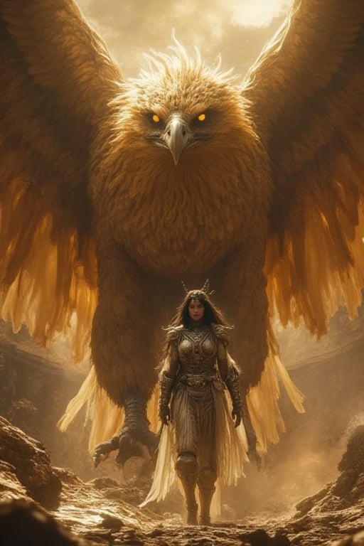 Hyperrealistic depiction of a female warrior from Indonesia,  walking alongside a giant,  enormous by user_785877143111454...