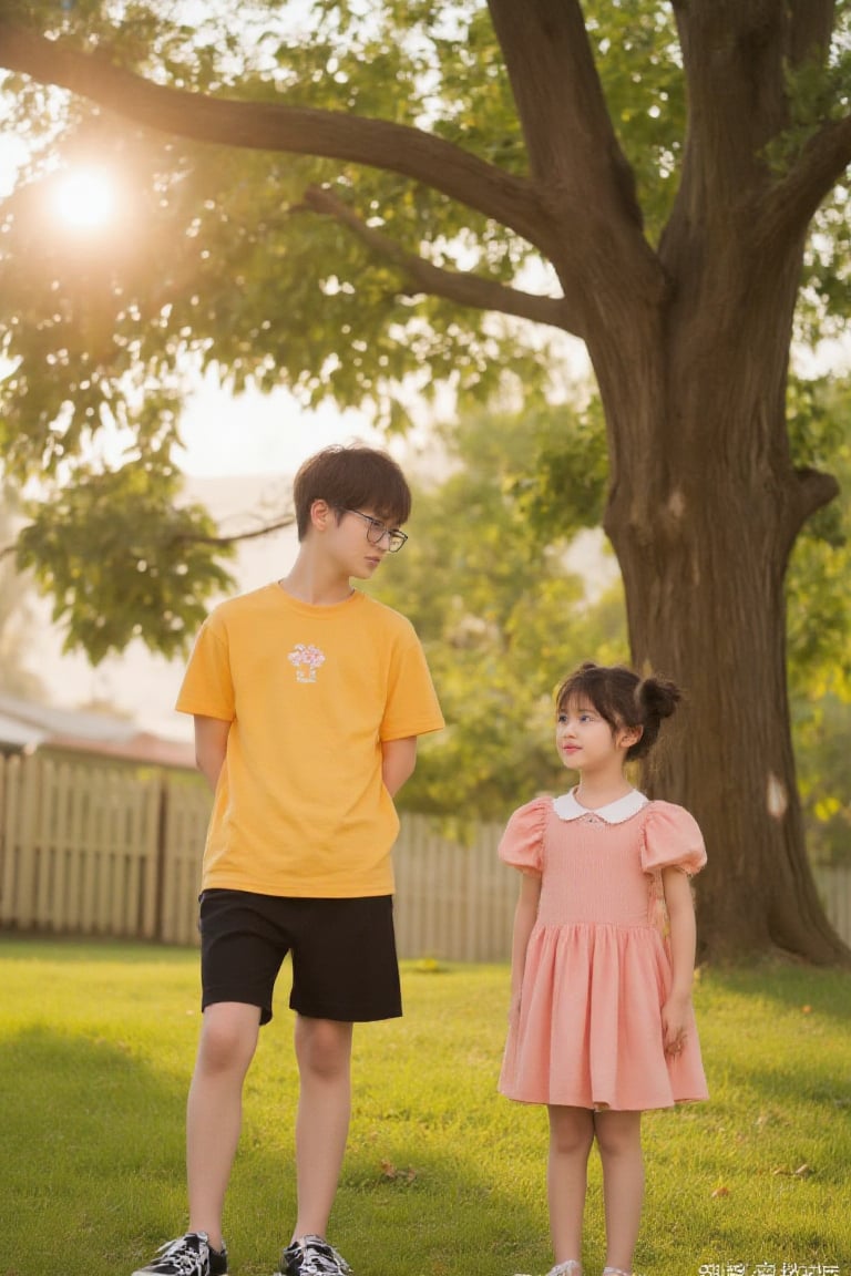 Virtual reality shot with a lomo camera,  a boy with glasses and short hair,  wearing a yellow short-sleeved T-shirt with...