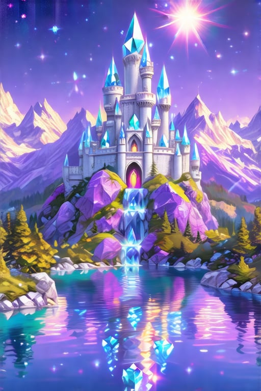Fantasy castle in Silver Crystal mountain and purple diamond forest,  golden lagoon at noon,  bright sun and stars by user...