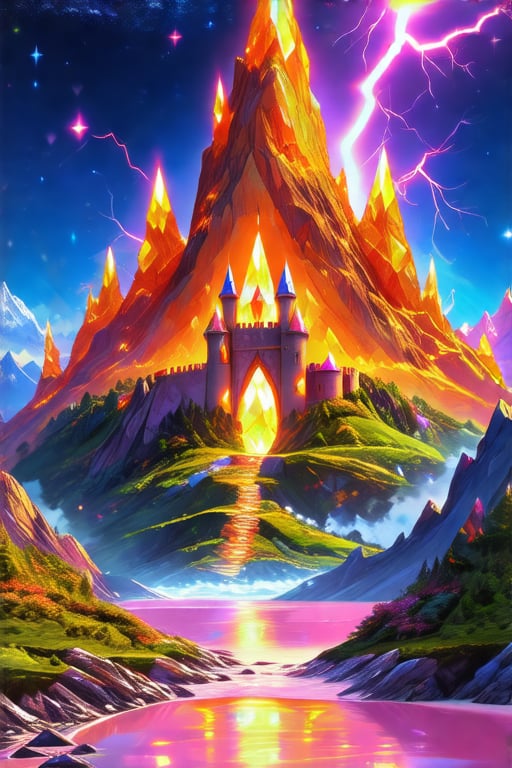Fantasy castle in orange lightning Crystal mountain and diamond forest,  pink lagoon at night,  bright sun and stars by us...