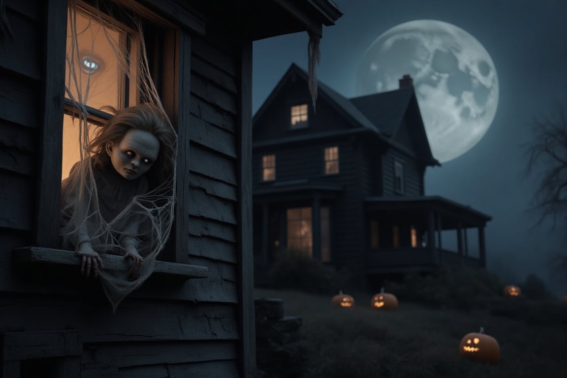 At night on Halloween, under a full moon, a creepy house stands ominously, its windows glowing faintly. Inside, a haunted doll, eerie and lifelike, peers out of a dusty, cobwebbed window. The doll's eyes glow faintly, reflecting the ghostly light. The house is surrounded by a dark, foggy landscape, with distant, flickering jack-o'-lanterns. The full moon casts long shadows, enhancing the eerie atmosphere. The composition frames the doll in the window, with the creepy house and Halloween scene beyond.