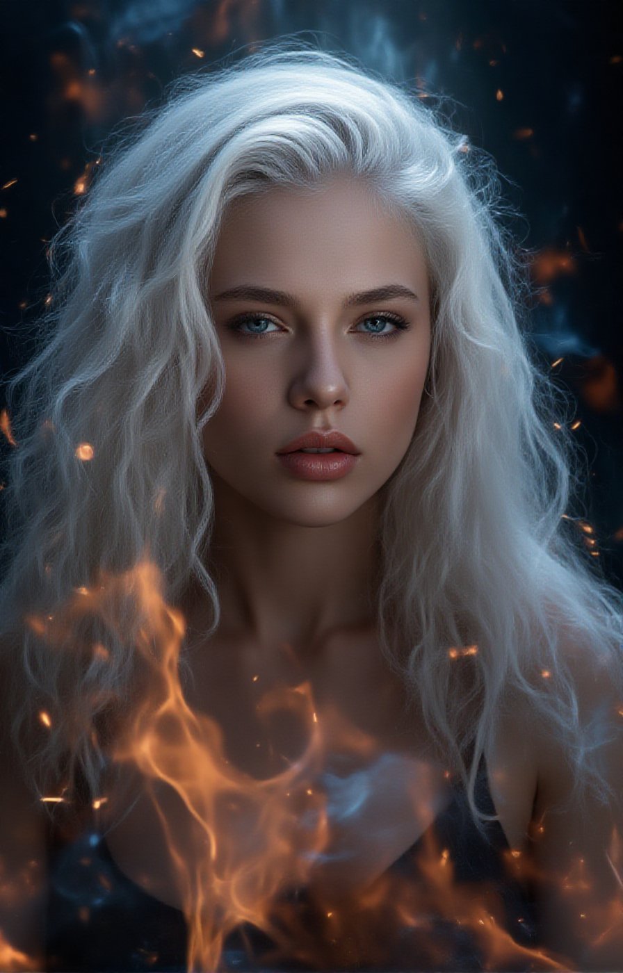 a digital portrait of a young woman with long white hair and blue eyes. She has a fierce expression on her face and her ha...
