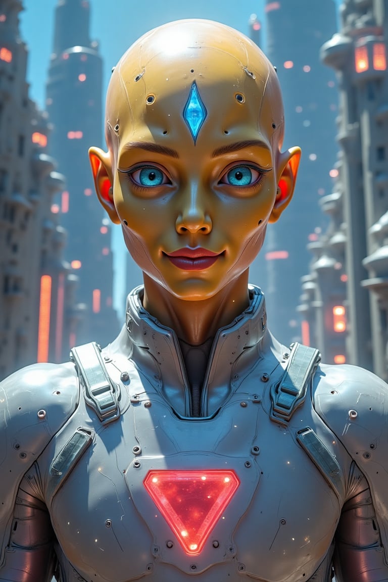 a close up portrait of A gleaming ((facing viewer)) with a big oval shaped head,  a bold light blue-skinned alien male wit...