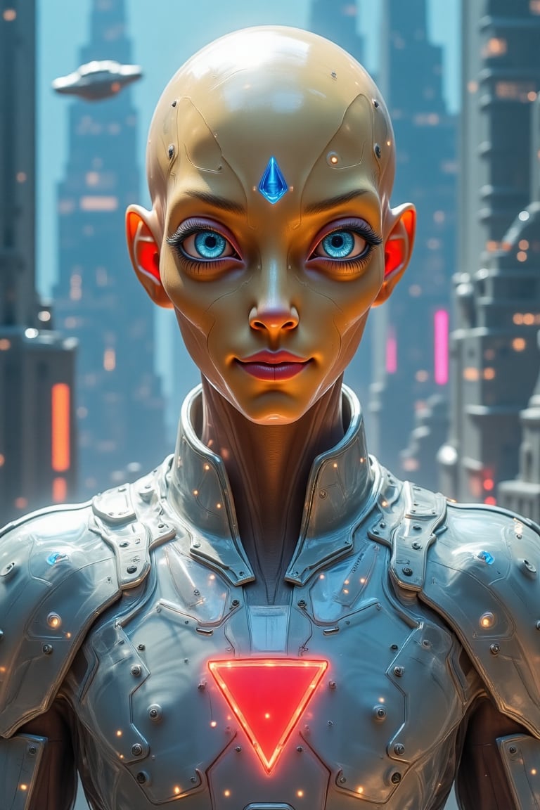 a close up portrait of A gleaming ((facing viewer)) with a big oval shaped head,  a bold light blue-skinned alien male wit...