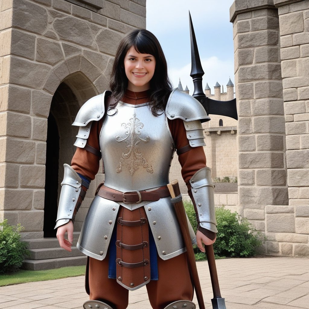 eax woman, smirk, bangs, wearing a barbarian's armor, fantasy medieval style, wielding a greataxe, in front of a castle