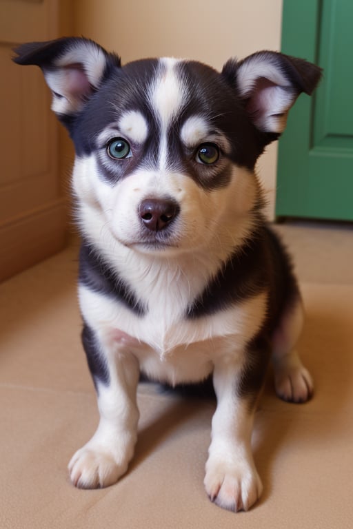 score_8_up, score_7_up, masterpiece, best quality, high resolution, good colors, good shading, countershading, well detailed background, dog, husky, blue right eye, green left eye, cute