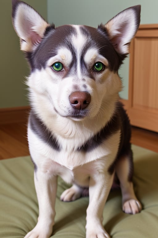 score_8_up, score_7_up, masterpiece, best quality, high resolution, good colors, good shading, countershading, well detailed background, dog, husky, heterochromia, bright blue right eye, bright green left eye, cute, 