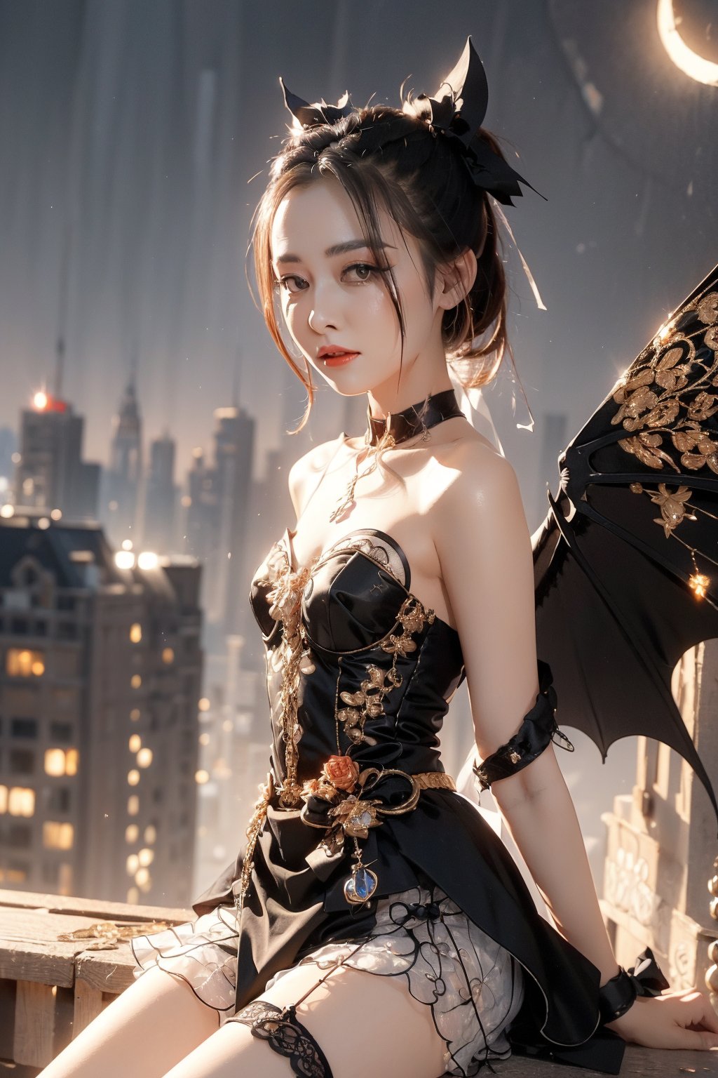 a girl, beautiful body!,(),((small_waist:1.35)), perfect body,. 1girl, solo, dress, flower, rose, thighhighs, 🦇 Mysterious digital art of a beautiful girl seamlessly blending with a bat. With artistically beautiful bat wings on her back, she sits on the rooftop of a building in the night skyline, silently gazing at the viewer. Her lonely expression and mysteriously glowing golden eyes. The mysterious scene that seems to disappear into the night skyline has the charm of drawing the viewer into a mysterious and unsettling world. A slightly eerie, Halloween-themed background, with atmospheric moonlight lighting.VNS_Add more details,cute