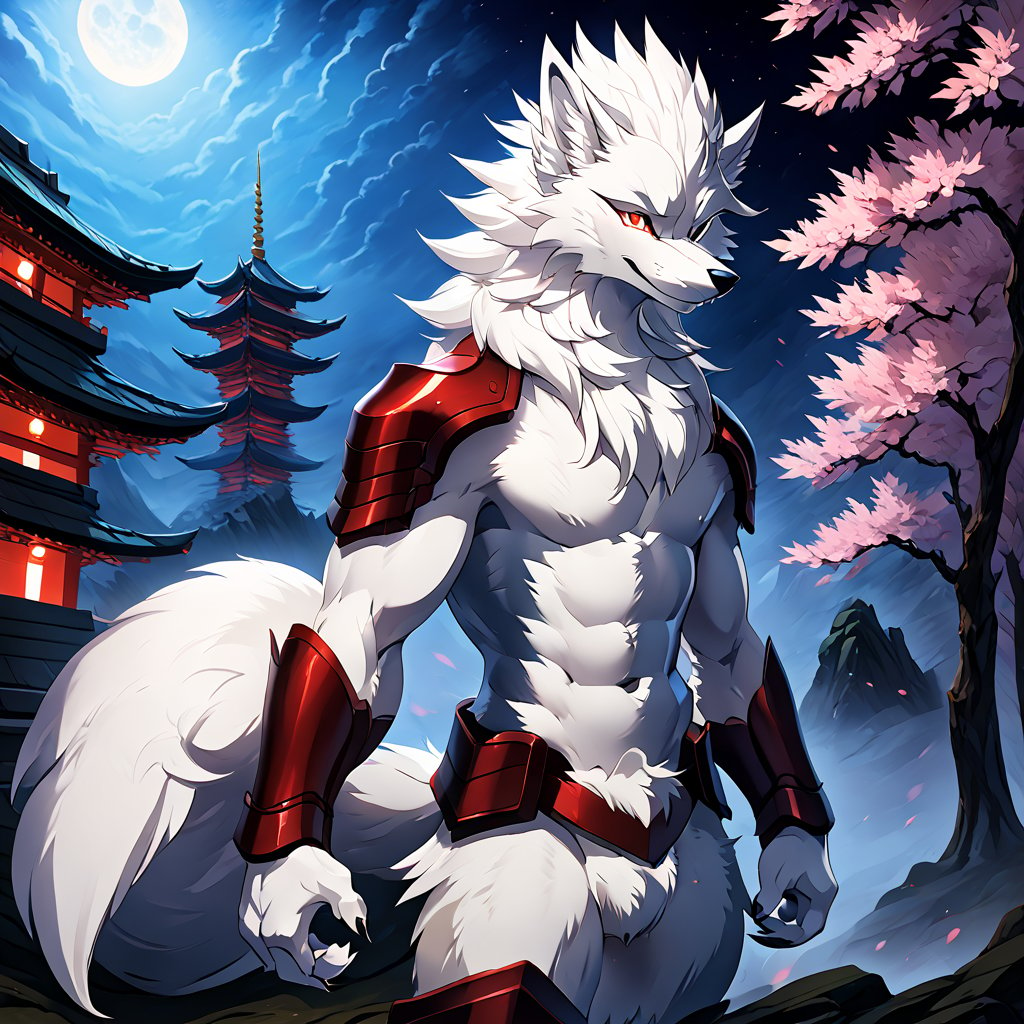 (best quality,4k,8k,highres,masterpiece:1.2),ultra-detailed,sexy furry male focus, solo, arcanine body, ((fluffy fur, fluffy, furry body)), (wolf print), red eyes, hair tuft, long hair, ((Light-blue Body Fur)), ((Light-blue Tail Fur)), ((White tip Tail)), Strong, Handsome, Long wolf tail, midnight_lycanroc head, ((white hair, long mohawk hair, long textured bangs with a peak finish)), (white muzzle, white forearms), Handsome muscular body, Medium Muscular Body, detailed fur, detailed face, detailed eyes, Handsome, Good Looking, Charming, well toned abs, cyberpunk samurai, action pose with katana,sharp focus, professional, vivid colors, studio lighting, dark atmosphere, lit by moonlight, glowing red eyes, expressive, sexy samurai armor, dynamic movement, mysterious background scenery, sinuous motion, intense fight scene with flying cherry blossoms