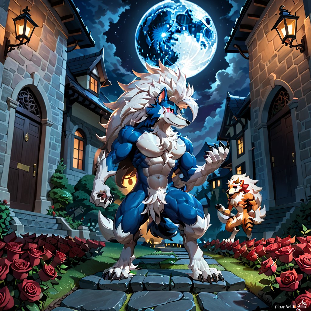 dark dark dark mansion full moon night with path of red roses planted around the stones to the entrance of the mansion, Pokemon Arcanine heading towards the front door, ((fluffy fur, fluffy, furry body)), red eyes, hair tuft, long hair, (light blue body, blue body, muscles), wolf tail, ((white hair, Only midnight_lycanroc Long mohawk hair)), 5 fingers, 4 toes, White toe claws, looking at the moon, Thick body, muscles, Tiger stripes in arms and legs, hi res,  sharp shadows, shaded, male focus, extreme detailed illustration, best quality, detailed background,