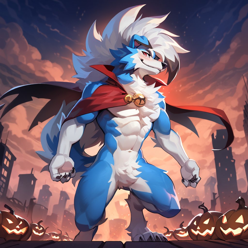 sexy furry male focus, make arcanine body, ((fluffy fur, fluffy, furry body)), red eyes, hair tuft, long hair, ((Light-blue Body Fur)), ((Light-blue Tail Fur)), ((White tip Tail)), Strong, Handsome, Long wolf tail, midnight_lycanroc head, ((white hair, long mohawk hair, long textured bangs with a peak finish)), (white muzzle, white forearms), Handsome muscular body, ((Black Tiger stripes in arms)), ((5 fingers, Best Quality 4 toes, White toe claws)), White torso, male, Muscular Body, detailed fur, detailed face, detailed eyes, Standing, full body, walking towards viewer, Handsome, Good Looking, Charming, Muscular Body, detailed fur, detailed face, detailed eyes, Handsome, Good Looking, Charming, blushing,,wearing a black thorn cape with demon horns and wings, red pupils, night, ruined city, pumpkin