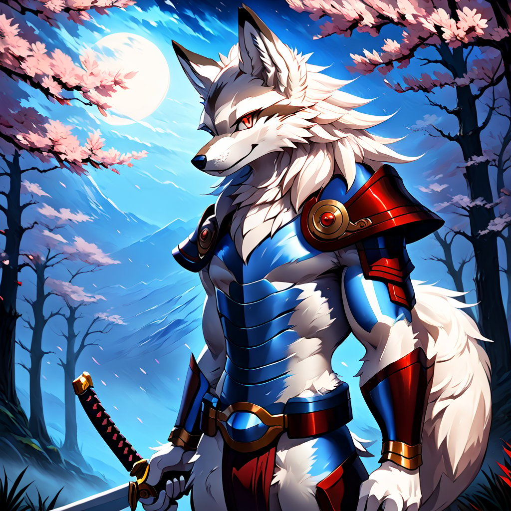 (best quality,4k,8k,highres,masterpiece:1.2),ultra-detailed,sexy furry male focus, solo, arcanine body, ((fluffy fur, fluffy, furry body)), (wolf print), red eyes, hair tuft, long hair, ((Light-blue Body Fur)), ((Light-blue Tail Fur)), ((White tip Tail)), Strong, Handsome, Long wolf tail, midnight_lycanroc head, ((white hair, long mohawk hair, long textured bangs with a peak finish)), (white muzzle, white forearms), Handsome muscular body, Medium Muscular Body, detailed fur, detailed face, detailed eyes, Handsome, Good Looking, Charming, well toned abs, cyberpunk samurai, action pose with katana,sharp focus, professional, vivid colors, studio lighting, dark atmosphere, lit by moonlight, glowing red eyes, expressive, sexy samurai armor, dynamic movement, mysterious background scenery, sinuous motion, intense fight scene with flying cherry blossoms