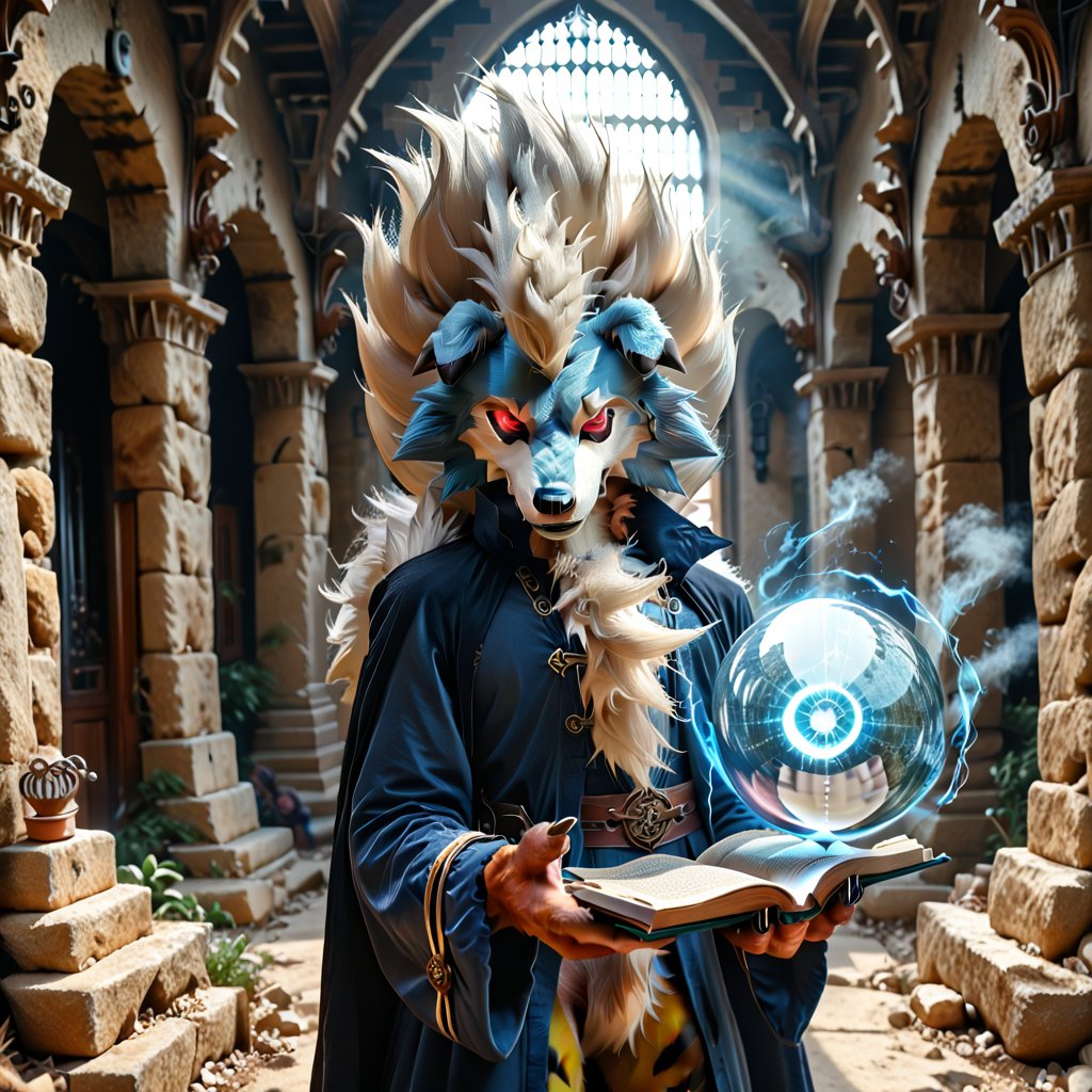  Pokemon Arcanine standing alone in a dark and mysterious hogwarts cemetery, wearing a black robe, expression of sadness, (best quality,4k,8k,highres,masterpiece:1.2),ultra-detailed,(realistic,photorealistic,photo-realistic:1.37),cinematic lighting,moody atmosphere,dramatic shadows,intricate details,melancholy,portrait,fantasy,magic,  heading towards the front door, ((fluffy fur, fluffy, furry body)), red eyes, hair tuft, long hair, (light blue body, blue body), (white torso), muscle, hunk, sexy, handsome boy, detailed eyes, wolf tail, ((white hair, Only midnight_lycanroc Long mohawk hair)), White toe claws, 5 fingers, 4 toes, Tiger stripes in arms and legs, wearing a black cape and old thorne rope, Holding a book in one hand, on the other hand casting a shiny blue orb of magic, hi res,  sharp shadows, shaded, male focus, extreme detailed illustration, best quality, detailed background,