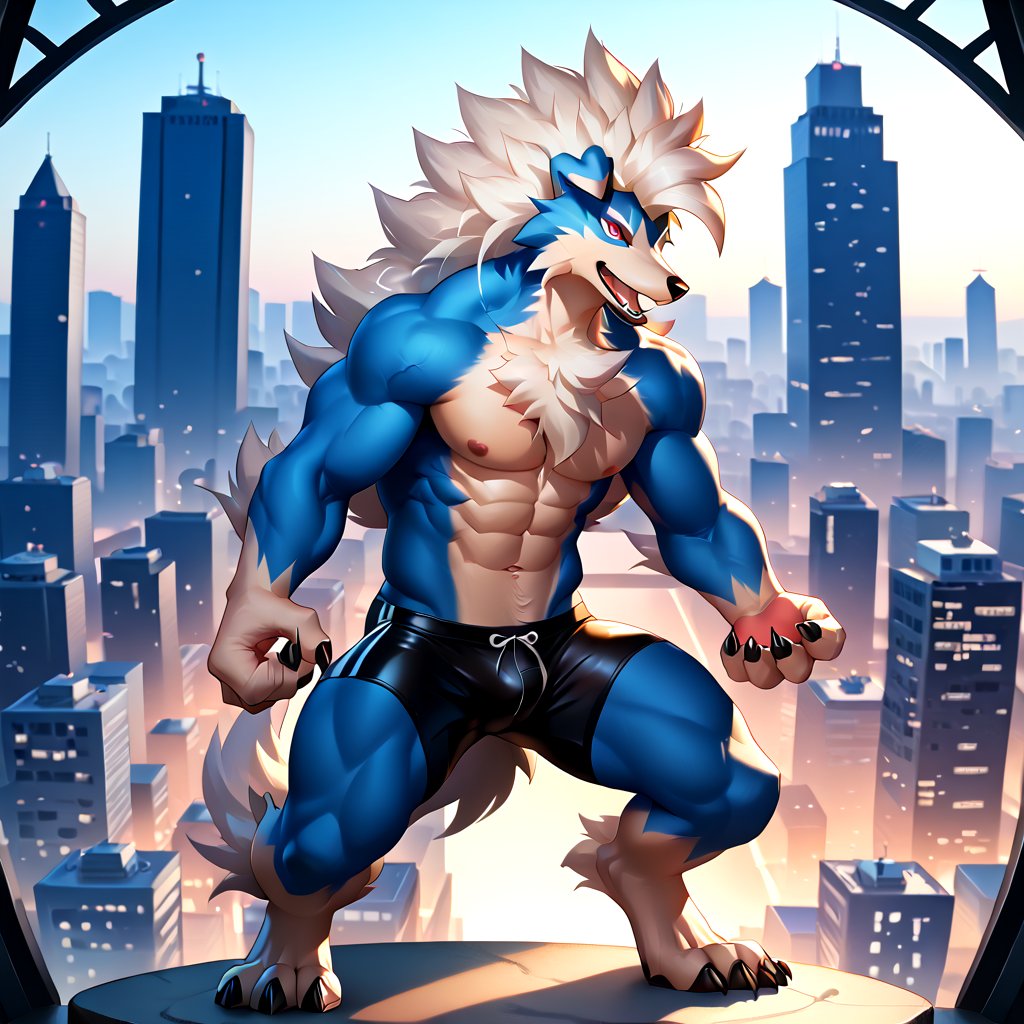 photorealistic, high detailed skin, high detailed face, intricate detail, masterpiece, professional photo, Pokemon Arcanine, ((fluffy fur, fluffy, furry body)), red eyes, hair tuft, long hair, (light blue body, blue body, muscles), wolf tail, ((white hair, Only midnight_lycanroc Long mohawk hair)), 5 fingers, 4 toes, White toe claws, looking at viewer, Thick body, muscles, Tiger stripes in arms and legs, hi res, anime, anime style, looking at the audience, Standing, sharp shadows, shaded, male focus, extreme detailed illustration, good anatomy, perfect anatomy, detailed RPG CG, masterpiece, best quality, detailed background, Single person, indoor,city,Look outside,Outside is the city,Black windbreaker,Black shorts, Alone,night,Artistic tones,Stand by the window.The highest quality of scene detail, teenager, big_muscle,Best quality hands, best quality eye,detailed light blue fur,Delicate eyes.Extreme picture quality,by sollyz,by zixiong,by milkytiger1145