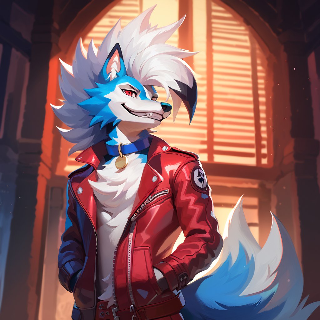 sexy furry male focus, make arcanine body, ((fluffy fur, fluffy, furry body)), red eyes, hair tuft, long hair, ((Light-blue Body Fur)), ((Light-blue Tail Fur)), ((White tip Tail)), Strong, Handsome, Long wolf tail, midnight_lycanroc head, ((white hair, long mohawk hair, long textured bangs with a peak finish)), (white muzzle, white forearms), Handsome muscular body, Medium Muscular Body, detailed fur, detailed face, detailed eyes, Handsome, Good Looking, Charming, with a scruffy fringe and beautiful red eyes, dressed in a yellow leather jacket with a blue collar, stands confidently. He has an average build and a big grin on his face, showcasing his warm and friendly personality. The lighting in the scene is warm and creates a cozy atmosphere. The background is filled with vibrant colors, adding liveliness to the image. he wears red high-top Converse sneakers, which adds an element of fashion to his outfit. The image should be in high resolution, with 8k clarity and a semi-realistic style.