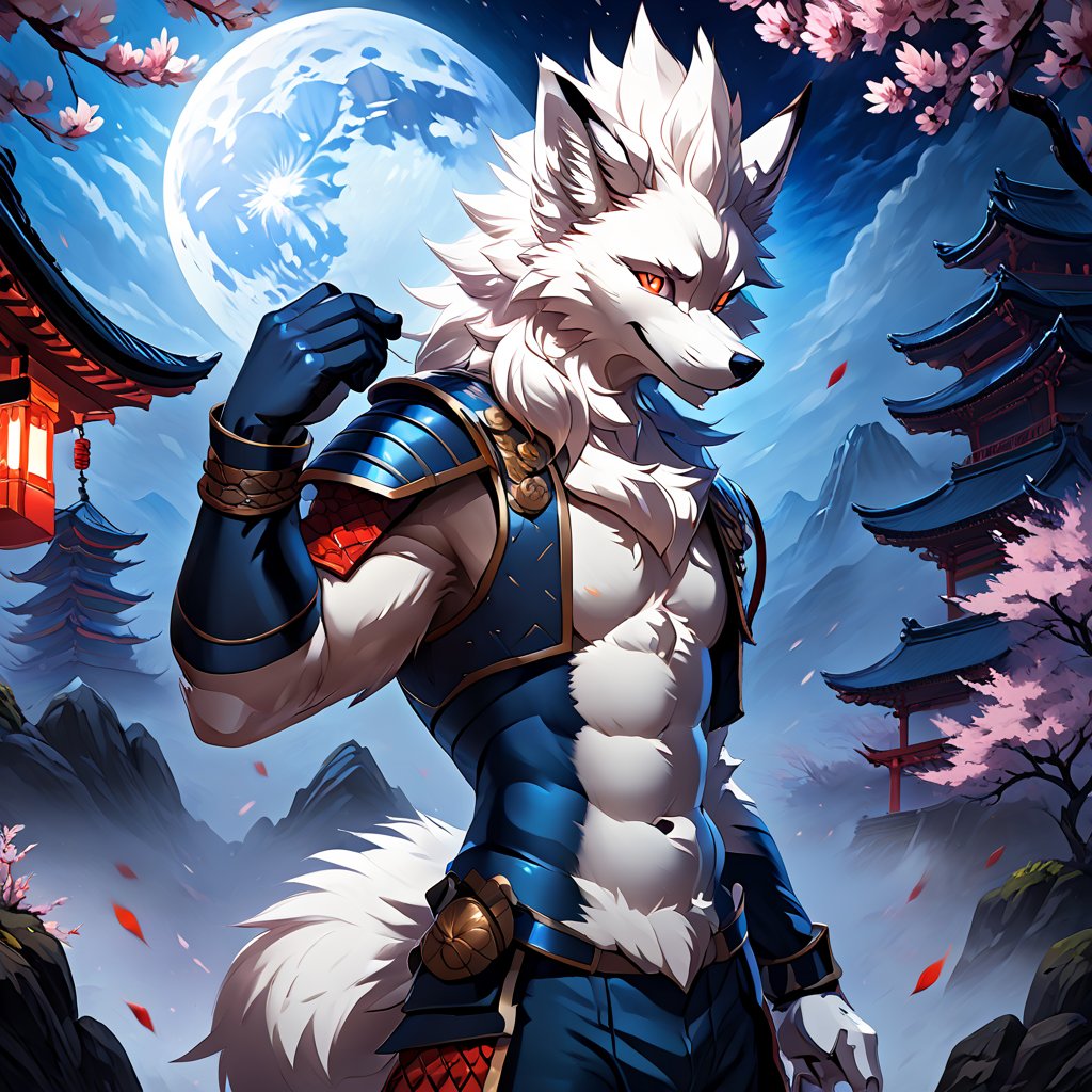 (best quality,4k,8k,highres,masterpiece:1.2),ultra-detailed,sexy furry male focus, arcanine body, ((fluffy fur, fluffy, furry body)), red eyes, hair tuft, long hair, ((Light-blue Body Fur)), ((Light-blue Tail Fur)), ((White tip Tail)), Strong, Handsome, Long wolf tail, midnight_lycanroc head, ((white hair, long mohawk hair, long textured bangs with a peak finish)), (white muzzle, white forearms), Handsome muscular body, Medium Muscular Body, detailed fur, detailed face, detailed eyes, Handsome, Good Looking, Charming, well toned abs, cyberpunk samurai, action pose with katana,sharp focus, professional, vivid colors, studio lighting, dark atmosphere, lit by moonlight, glowing red eyes, expressive, sexy samurai armor, dynamic movement, mysterious background scenery, sinuous motion, intense fight scene with flying cherry blossoms