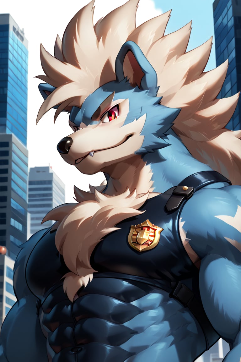 furry male, kemono, Pokemon arcanine, ((fluffy fur, fluffy, furry body)), red eyes, hair tuft, long hair, light blue body, blue body, muscles, Long wolf tail, midnight_lycanroc head, ((white hair, mohawk hair, long textured bangs with a peak finish)), (white muzzle, white forearms), Thick muscular body, Thick body, muscles, Detailed Tiger stripes in arms,  hot body, muscle, Beautiful, sexual, Attractive guy, (Detailed red eyes), brows, (masterpiece, A high resolution, Best quality), 4K, a male, portrait, Beautiful shadow, pecs focus, Open Police Vest, In the city, against the background of the city,