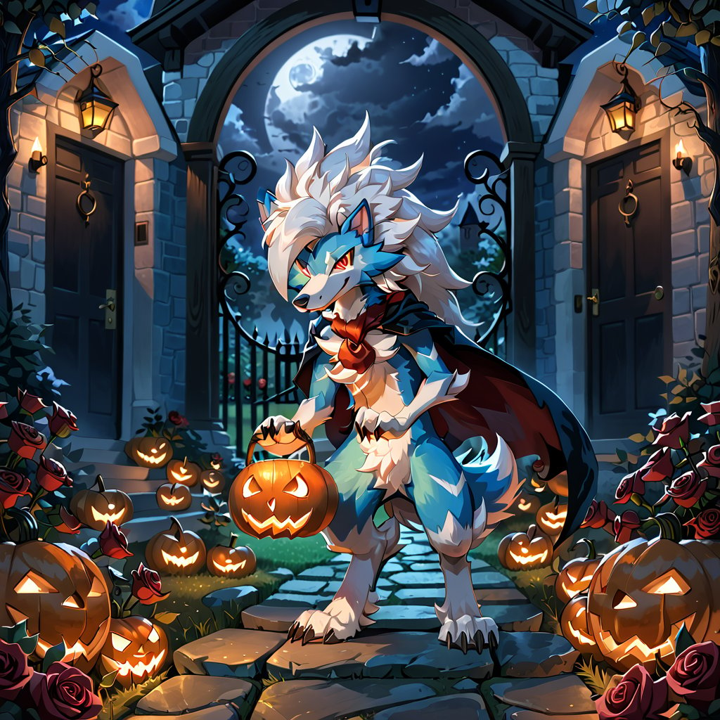 dark dark dark mansion full moon night with path of red roses planted around the stones to the entrance of the mansion, Pokemon Arcanine heading towards the front door, ((fluffy fur, fluffy, furry body)), red eyes, hair tuft, long hair, (light blue body, blue body, buff), wolf tail, ((white hair, Only midnight_lycanroc Long mohawk hair)), White toe claws, 5 fingers, 4 toes, Tiger stripes in arms and legs, wearing a black cape and old thorne rope,looking at the viewer, Holding a jack-o-lantern in one hand, hi res,  sharp shadows, shaded, male focus, extreme detailed illustration, best quality, detailed background,