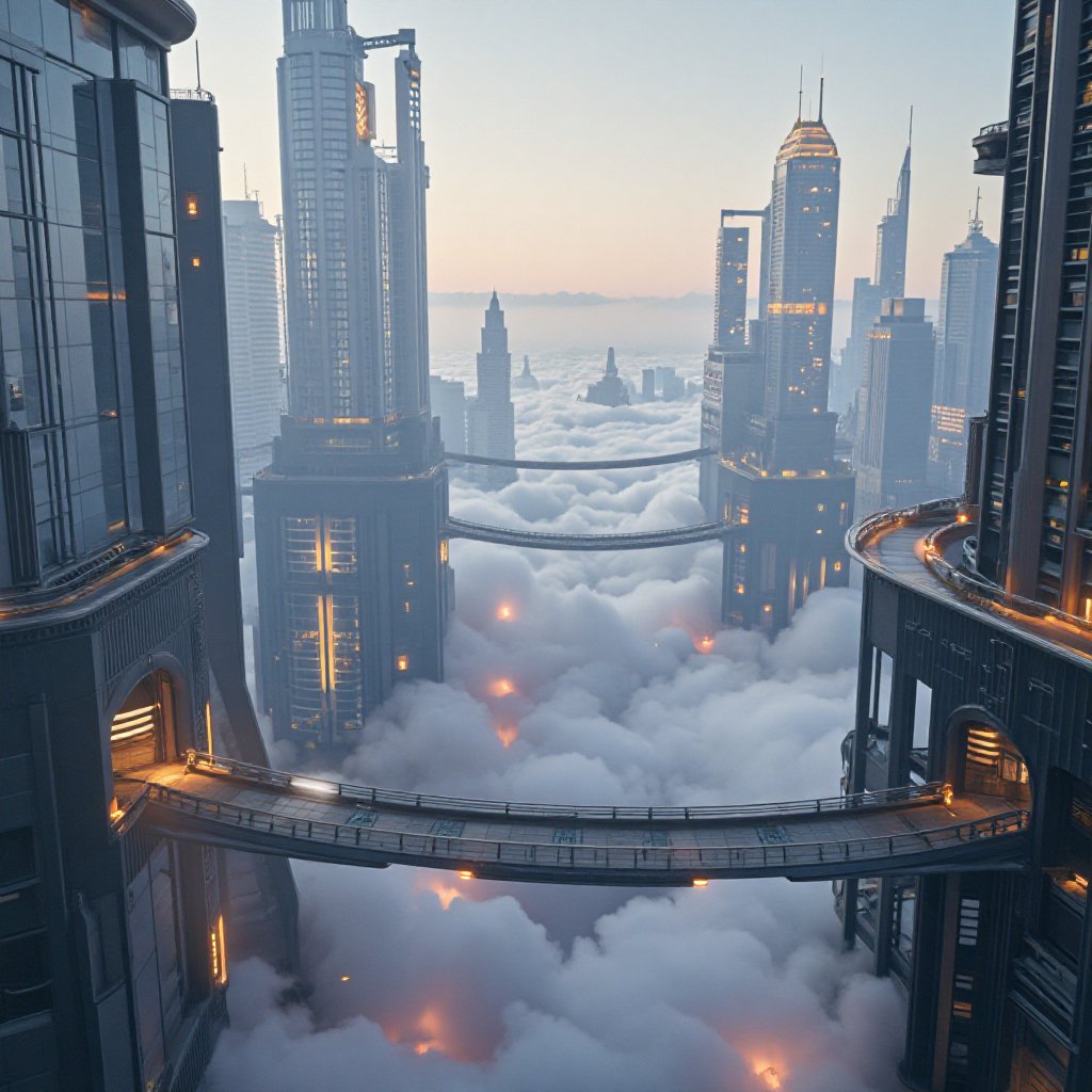 "A hyper-realistic image of a futuristic floating city above the clouds, with sleek, modern architecture and suspended bridges connecting tall buildings. The scene is illuminated by a soft, evening glow, with a mix of natural and artificial lights creating a magical atmosphere. Detailed structures and intricate lighting effects emphasize the realism, with clouds gently swirling around the lower part of the buildings."