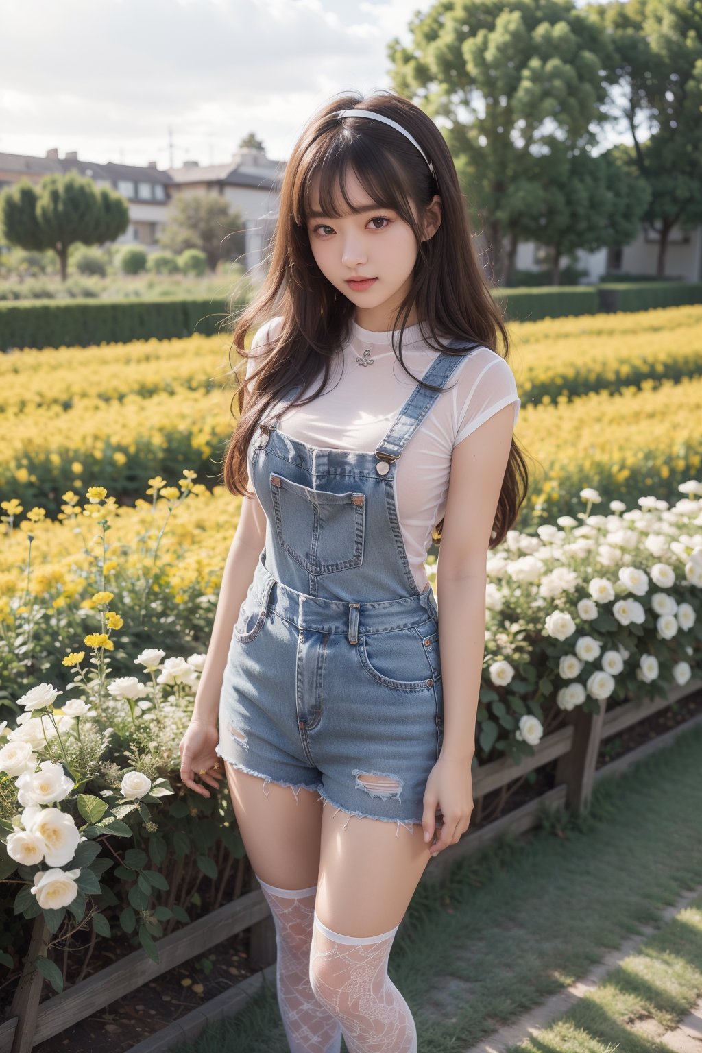 background is flower field,grass field,horizon,wind blowing,petals blowing,16 yo, 1 girl, beautiful girl,smile,
wearing denim overalls skirt,long socks,standing on flower field,holding buquet, cowboy shot,very_long_hair, hair past hip, bangs, curly hair, realhands, masterpiece, Best Quality, 16k, photorealistic, ultra-detailed, finely detailed, high resolution, perfect dynamic composition, beautiful detailed eyes, ((nervous and embarrassed)), sharp-focus, full body shot,pink flower,flower,yama2,1 girl 