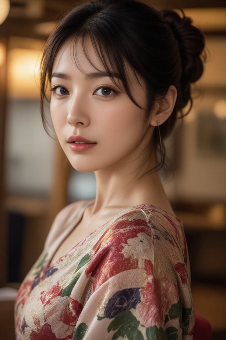 A beautiful young Japanese woman, 22yo, luxurious Japan style kimono, ornate floral embroidered, cinematic, highly details, immersive atmosphere, impeccably detailed, visually stunning, real-to-life upper body portrait, transfixing looks, emotive depth, artistic emotionality, compelling glances, 