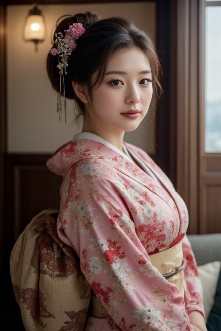 A beautiful young Japanese woman, 22yo, luxurious Japan style kimono, ornate floral embroidered, cinematic, highly details, immersive atmosphere, impeccably detailed, visually stunning, real-to-life upper body portrait, transfixing looks, emotive depth, artistic emotionality, compelling glances, 