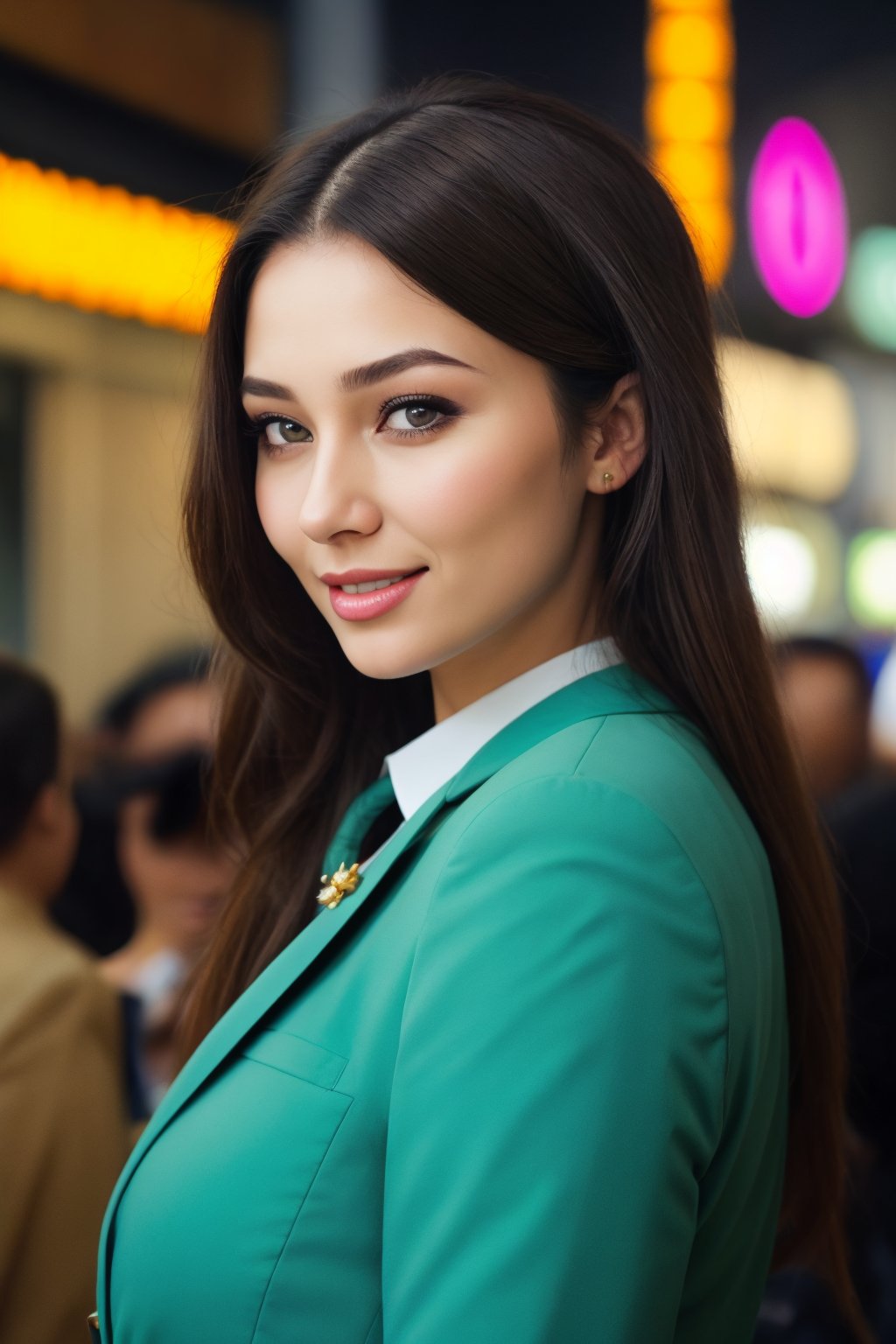 Front view, with her facing and body directly forward, very realistic.Captivating solo portrait of a stunning woman on the bustling streets of Bangkok. Framed by the vibrant cityscape, she stands confidently, gazing straight into the camera lens. Her long, dark brown hair flows down her back like a waterfall, as her flawless skin and expressive eyes captivate the viewer's attention. Her face, sculpted with high cheekbones, full lips, and a charming smile, shines with natural charm. She wears a stylish suit outfit that blends high-end fashion with casual flair, complete with vibrant colors and luxurious textures. The front view showcases her direct gaze, highlighting her confident and friendly demeanor.