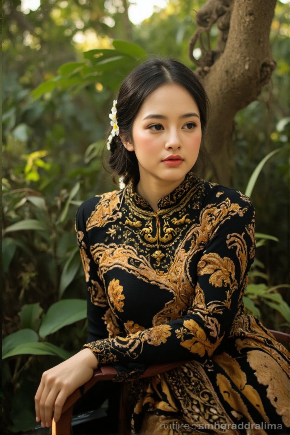 A serene and captivating portrait of a beautiful young woman. adelliahalim, The subject sits elegantly amidst a lush forest, adorned in a traditional black kebaya with gold foliage embroidery pattern, Princess Bob Hairstyles framing her radiant face. Her smile, though closed-mouthed, still conveys warmth as subtle dimples appear on her cheeks. The warm sunlight filters through the trees, casting gentle rays that illuminate her features and the intricate details of her dress., shot using Hasselblad H6D-400c MS camera with  low exposure, high contrast, ISO 64, with a 150mm telephoto lens.,npl,Enhanced all