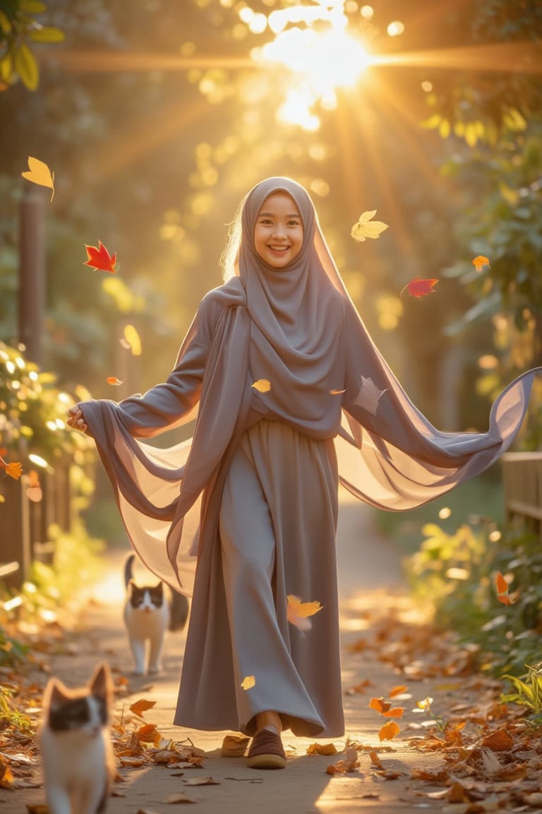 A serene face-to-face shot of a hijab-clad girl radiates joy as she playfully interacts with the natural surroundings at the park. Her long scarf dances in the gentle breeze, whipping up leaves that twirl around her like a whirlwind of color. Cats saunter into frame, adding to the whimsy. Golden sunlight casts a warm glow, highlighting her contented smile.