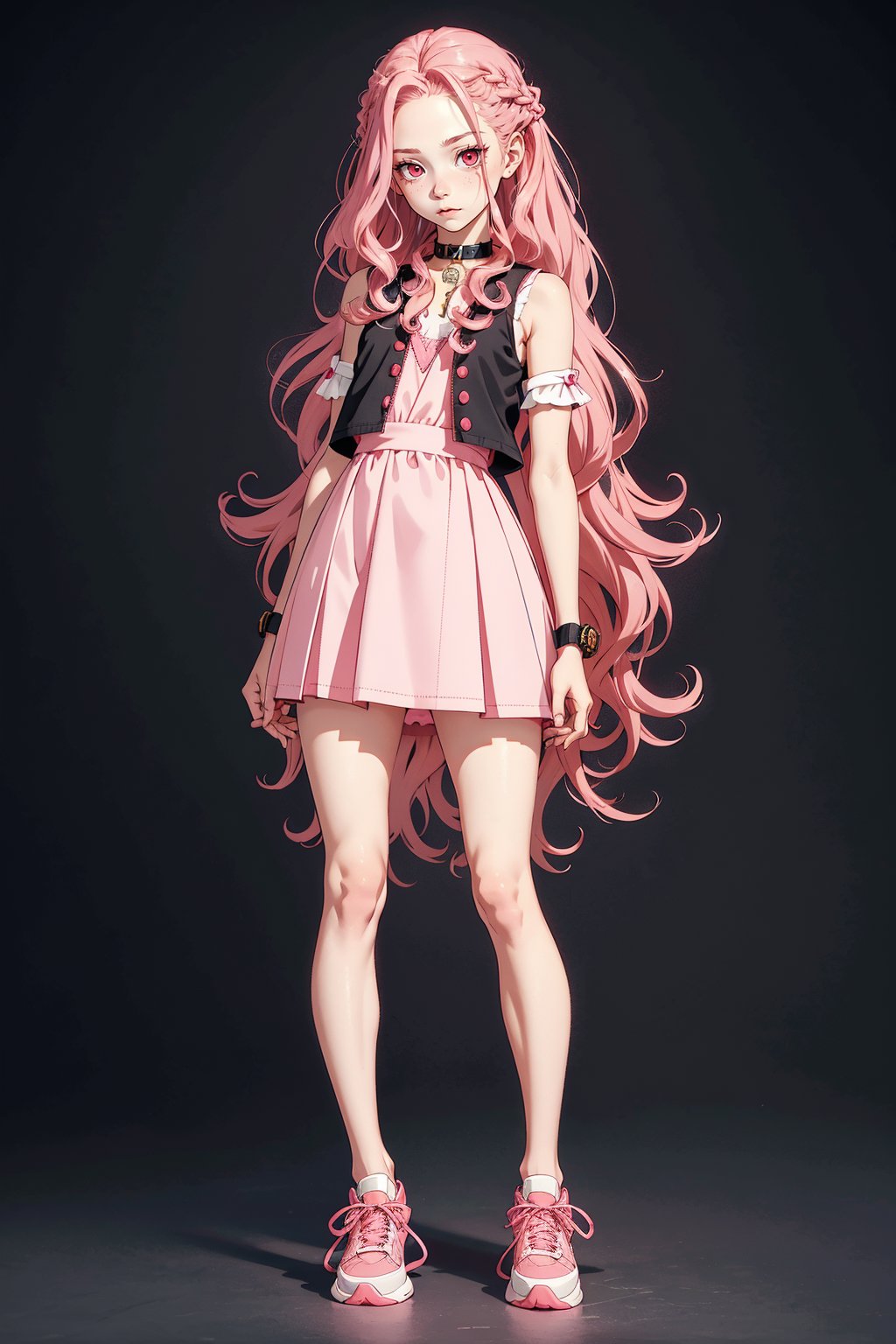 1 girl, long hair, long curly pink hair, small dress, pink sneakers, huge dog collar separated hair, wavy hair, pale skin, light red eyes, folds, black vest, short skirt, eye bags, simple background: 3, full body, standing, high resolution