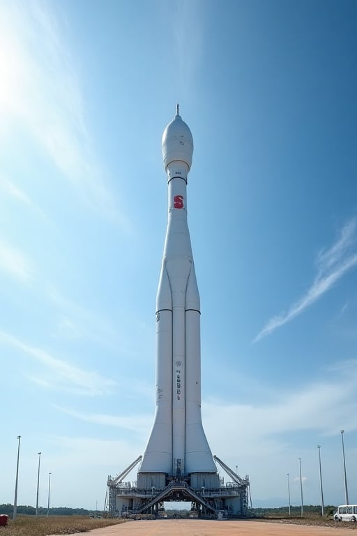 A Long March 5 rocket, China's most powerful carrier rocket, stands tall on a launchpad at Wenchang Satellite Launch Center, Hainan Island, China. The sleek white booster is framed against a bright blue sky with wispy clouds, the sun shining down from the top left corner. A subtle gradient of light and shadow accentuates its sleek design.