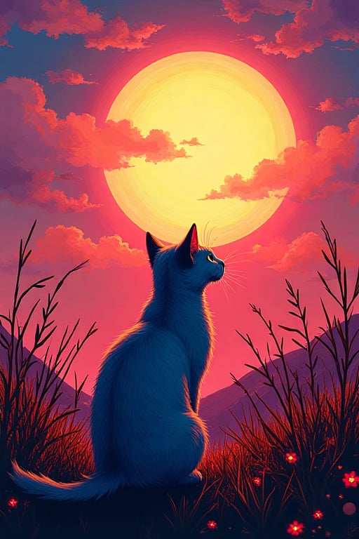 cat viewing a full sun,  morning centered,  Cyberpop by DragonNest23 on Tensor.Art